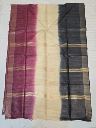 Wine, Natural Tussar and Black 3 Dye Pure Ghicha Silk Saree with Golden Zari Par