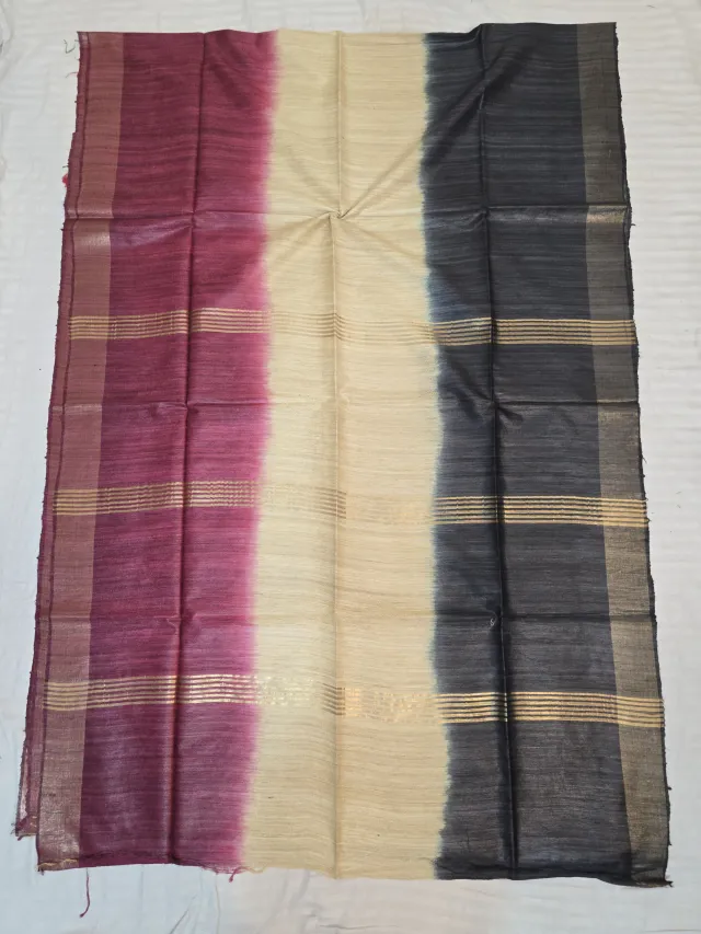 Wine, Natural Tussar and Black 3 Dye Pure Ghicha Silk Saree with Golden Zari Par