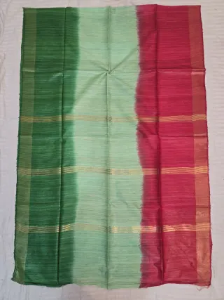 Green, Pista Green and Red 3 Dye Pure Ghicha Silk Saree with Golden Zari Par