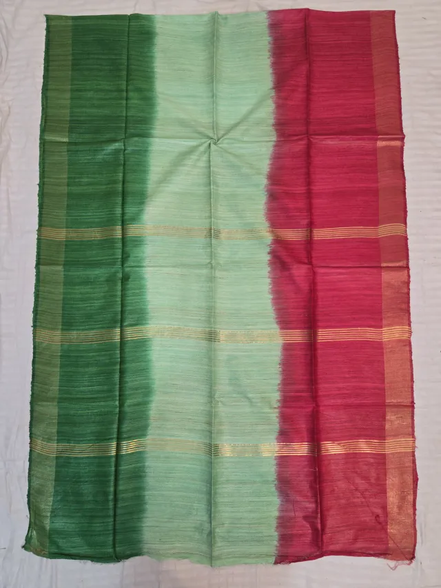 Green, Pista Green and Red 3 Dye Pure Ghicha Silk Saree with Golden Zari Par
