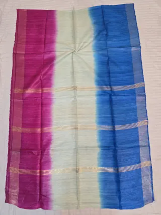 Rani Pink, Pista Green and Royal Blue 3 Dye Pure Ghicha Silk Saree with Golden Zari Par