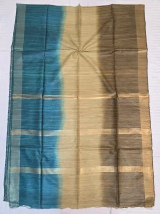 Peacock Blue, Natural Tussar and Brown 3 Dye Pure Ghicha Silk Saree with Golden Zari Par