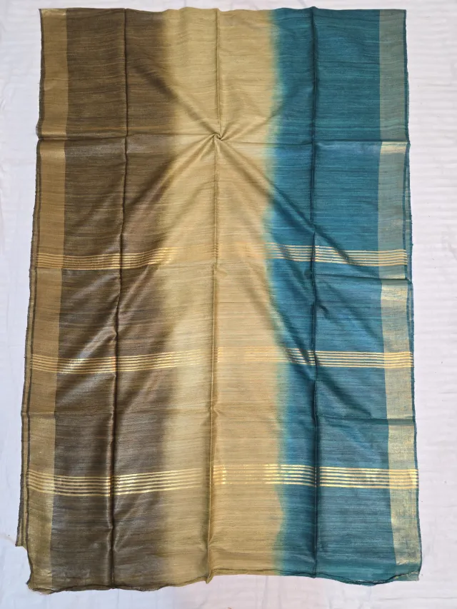 Brown, Natural Tussar and Peacock Blue 3 Dye Pure Ghicha Silk Saree with Golden Zari Par