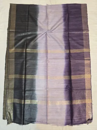 Black, Off White and Purple 3 Dye Pure Ghicha Silk Saree with Golden Zari Par