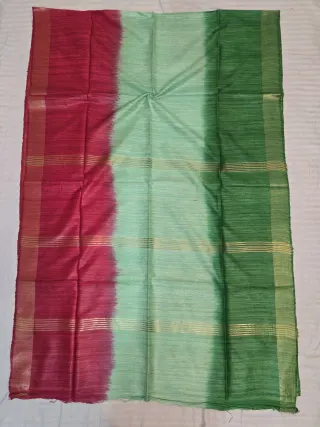 Red, Pista Green and Green 3 Dye Pure Ghicha Silk Saree with Golden Zari Par