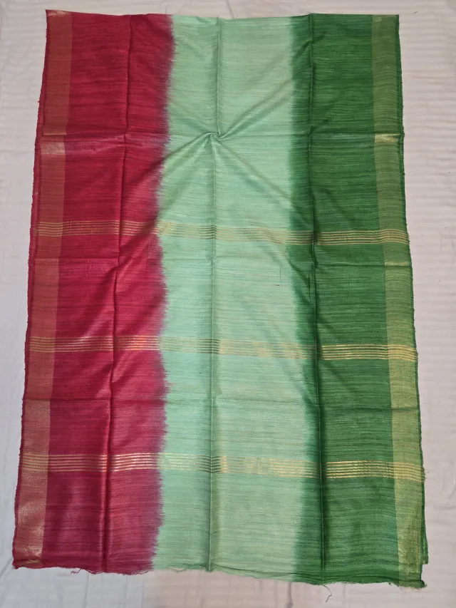 Red, Pista Green and Green 3 Dye Pure Ghicha Silk Saree with Golden Zari Par
