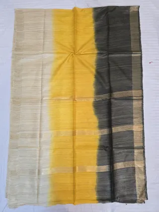 Natural Tussar, Mustard Yellow and Black 3 Dye Pure Ghicha Silk Saree with Golden Zari Par