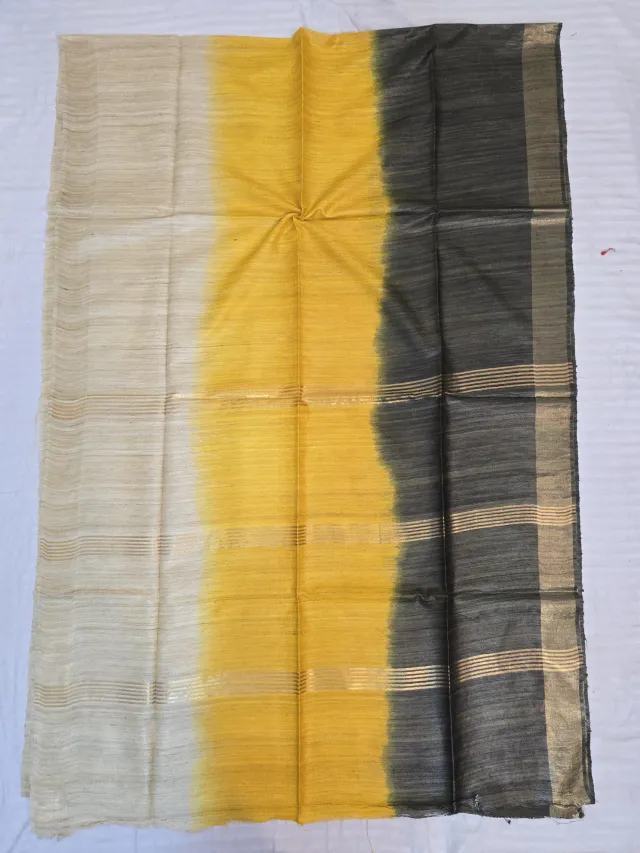 Natural Tussar, Mustard Yellow and Black 3 Dye Pure Ghicha Silk Saree with Golden Zari Par