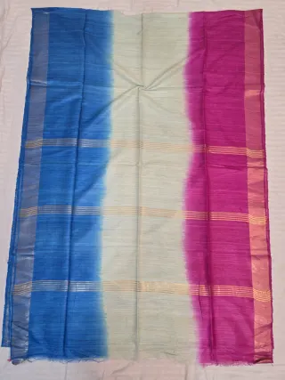 Royal Blue, Off White and Rani Pink 3 Dye Pure Ghicha Silk Saree with Golden Zari Par