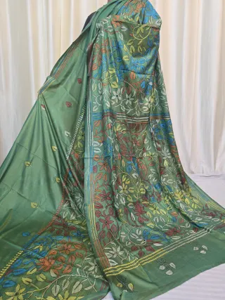 Olive Green Multi-Colour Floral Kantha Stitch Blended Bangalore Silk Saree