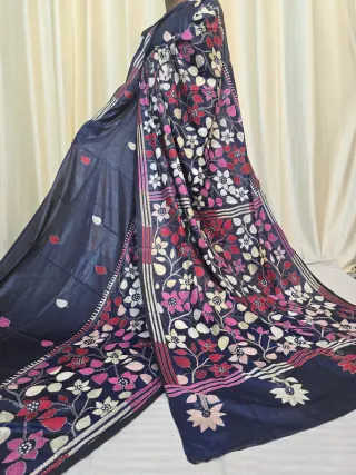 Navy Blue Multi-Colour Floral Kantha Stitch Blended Bangalore Silk Saree