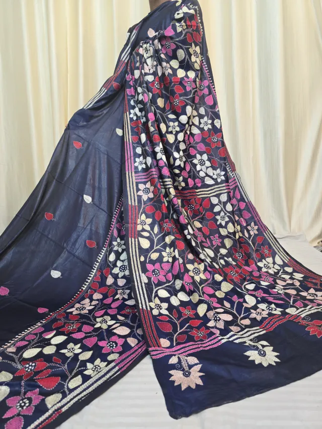 Navy Blue Multi-Colour Floral Kantha Stitch Blended Bangalore Silk Saree