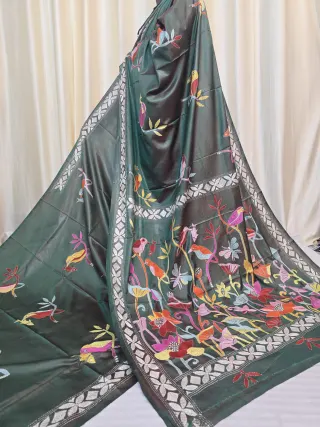 Deep Pine Green Birds and Floral Garden Kantha Stitch Blended Bangalore Silk Saree