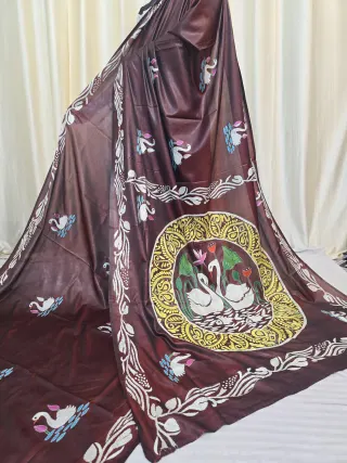 Deep Wine Brown Kantha Stitch Blended Bangalore Silk Saree with Swan and Lotus Motifs