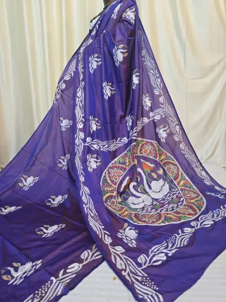 Royal Purple Kantha Stitch Blended Bangalore Silk Saree with Swan and Lotus Motifs