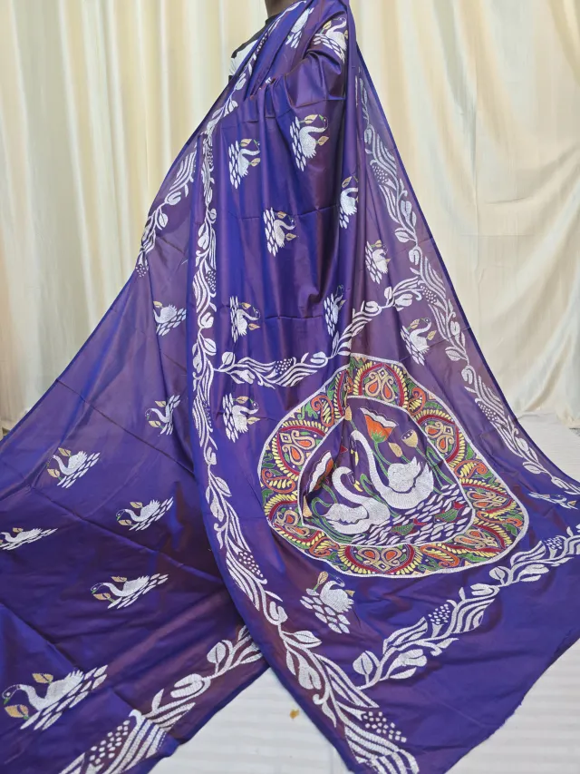 Royal Purple Kantha Stitch Blended Bangalore Silk Saree with Swan and Lotus Motifs