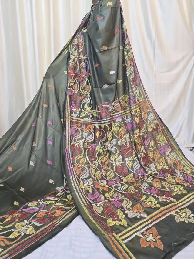 Deep Olive Green Multi-Colour Stylized Floral Kantha Stitch Blended Bangalore Silk Saree