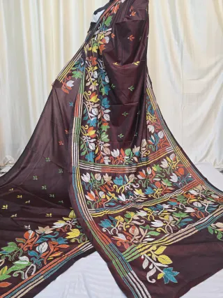 Deep Wine Brown Multi-Colour Floral Kantha Stitch Blended Bangalore Silk Saree