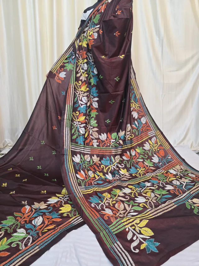 Deep Wine Brown Multi-Colour Floral Kantha Stitch Blended Bangalore Silk Saree