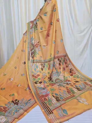 Mustard Yellow Multi-Colour Sun Medallion Kantha Stitch Blended Bangalore Silk Saree