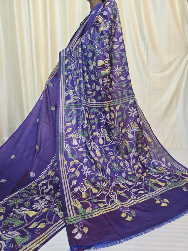 Royal Purple Songbird and Floral Kantha Stitch Blended Bangalore Silk Saree