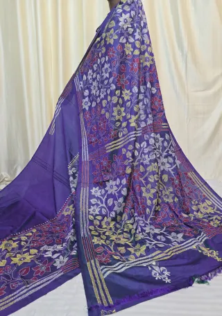 Royal Violet Purple Multi-Colour Floral Jaal Kantha Stitch Blended Bangalore Silk Saree — Violet/Purple