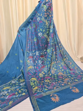 Peacock Teal Blue Songbird and Floral Kantha Stitch Blended Bangalore Silk Saree