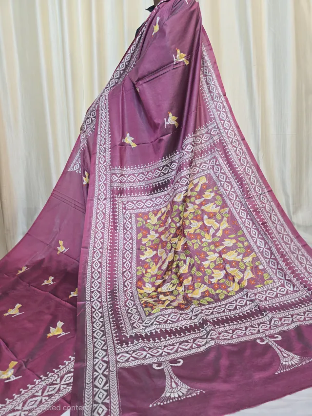 Plum Purple Bird and Floral Kantha Stitch Blended Bangalore Silk Saree with Geometric Borders