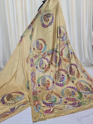 Golden Beige Peacock Medallion Kantha Stitch Blended Bangalore Silk Saree
