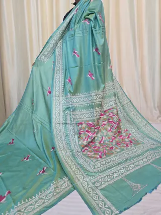 Sea Green Bird and Floral Kantha Stitch Blended Bangalore Silk Saree with Geometric Borders