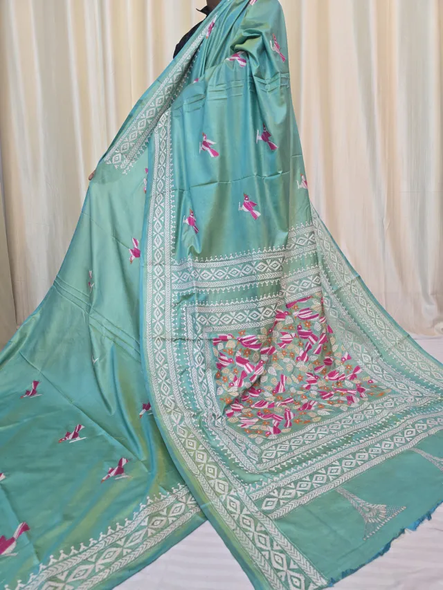Sea Green Bird and Floral Kantha Stitch Blended Bangalore Silk Saree with Geometric Borders
