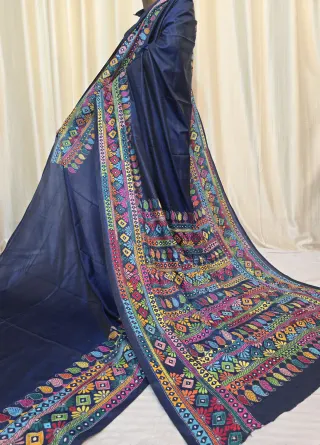 Navy Blue Multi-Colour Geometric and Paisley Kantha Stitch Blended Bangalore Silk Saree