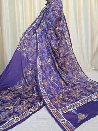 Royal Violet Purple Songbird and Leafy Tree Kantha Stitch Blended Bangalore Silk Saree — Violet/Purple