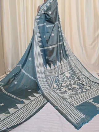 Peacock Teal Green Monochromatic White Thread Floral and Bird Kantha Stitch Blended Bangalore Silk Saree