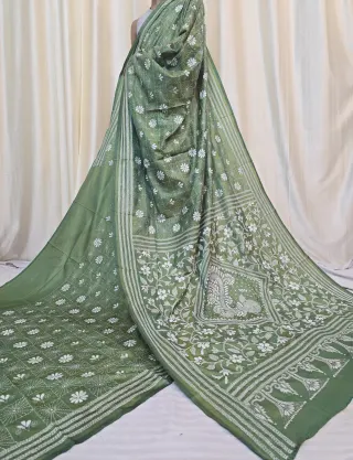 Moss Green Peacock Diamond Monochromatic White Thread Kantha Stitch Blended Bangalore Silk Saree