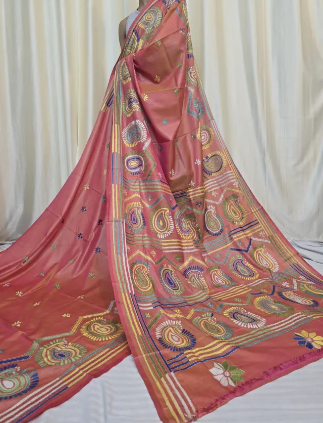 Peach Pink Multi-Colour Paisley Kalka Kantha Stitch Blended Bangalore Silk Saree