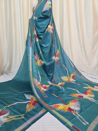 Peacock Teal Blue-Green Flying Crane Kantha Stitch Blended Bangalore Silk Saree