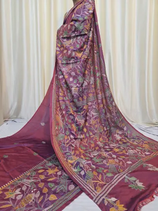 Wine Maroon Bird and Floral Garden Kantha Stitch Blended Bangalore Silk Saree