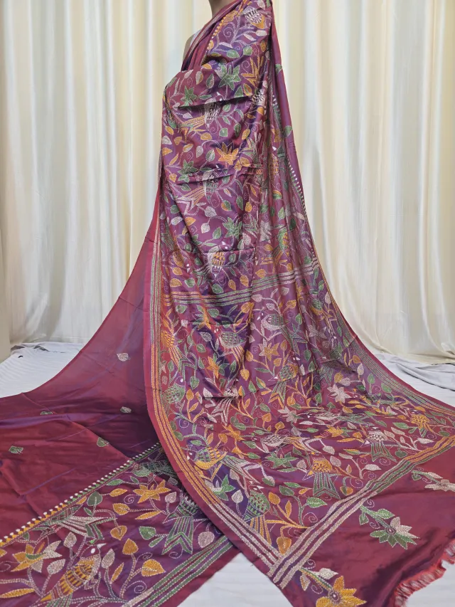 Wine Maroon Bird and Floral Garden Kantha Stitch Blended Bangalore Silk Saree