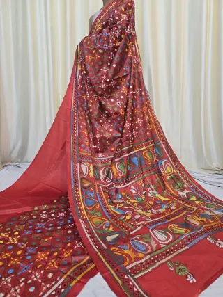 Crimson Red Bird Garden and Paisley Kalka Kantha Stitch Blended Bangalore Silk Saree