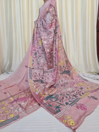 Pastel Peach Pink Songbird and Floral Kantha Stitch Blended Bangalore Silk Saree