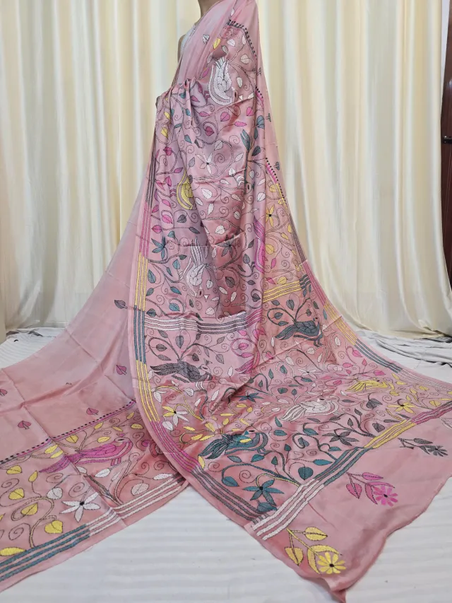 Pastel Peach Pink Songbird and Floral Kantha Stitch Blended Bangalore Silk Saree