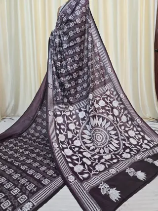Deep Wine Floral Sun White Thread Kantha Stitch Blended Bangalore Silk Saree