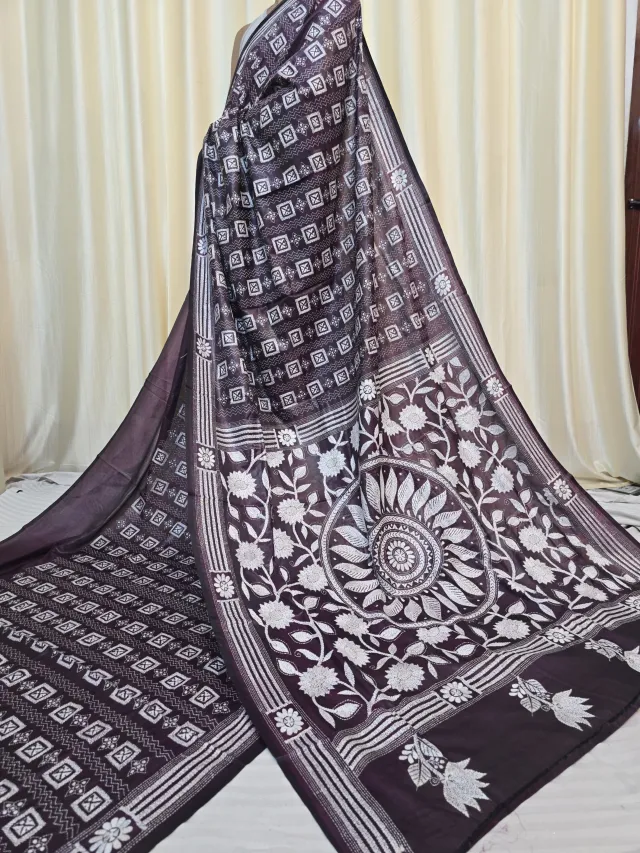 Deep Wine Floral Sun White Thread Kantha Stitch Blended Bangalore Silk Saree