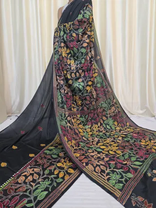 Jet Black Multi-Colour Floral Vine Kantha Stitch Blended Bangalore Silk Saree