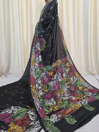 Jet Black Multi-Colour Floral Medallion Kantha Stitch Blended Bangalore Silk Saree