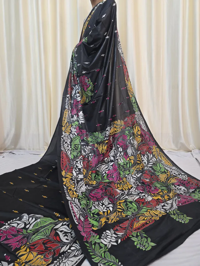 Jet Black Multi-Colour Floral Medallion Kantha Stitch Blended Bangalore Silk Saree
