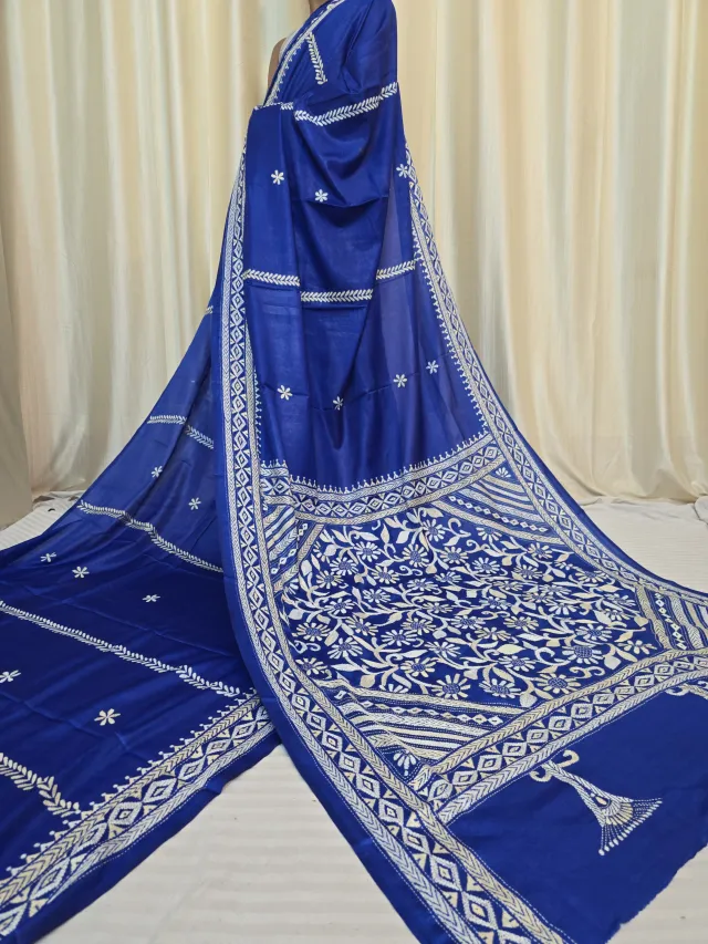 Royal Blue Monochromatic White Thread Floral Garden Kantha Stitch Blended Bangalore Silk Saree