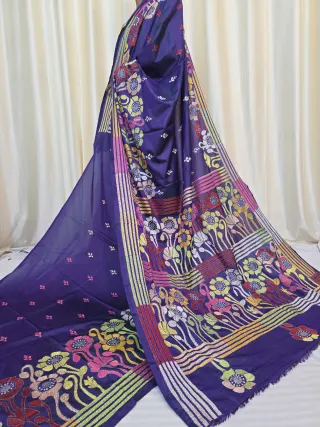 Deep Indigo Purple Multi-Colour Floral Garden Kantha Stitch Blended Bangalore Silk Saree