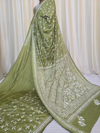 Olive Green Monochromatic White Thread Floral and Bird Kantha Stitch Blended Bangalore Silk Saree